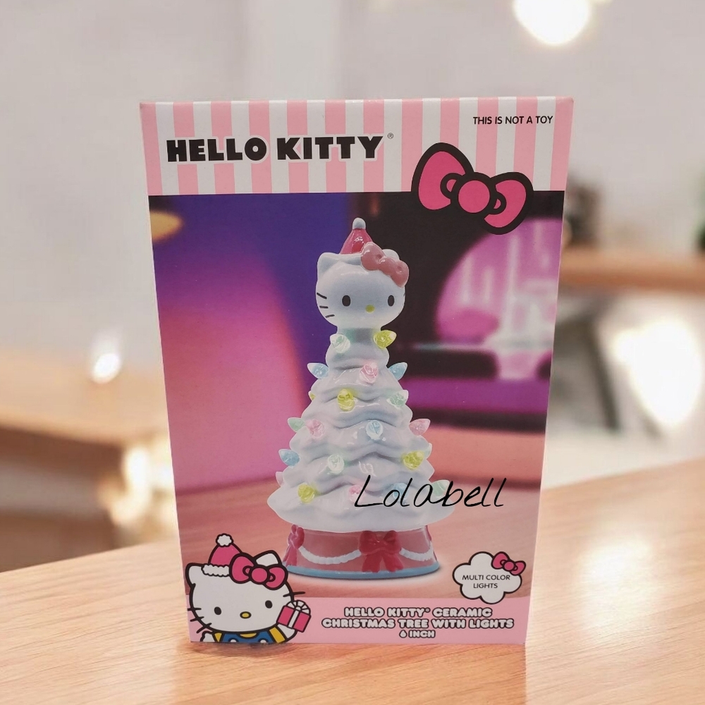 Hello Kitty Ceramic Christmas Tree w/lights, 6 Inch White, Pink Bow, NIB